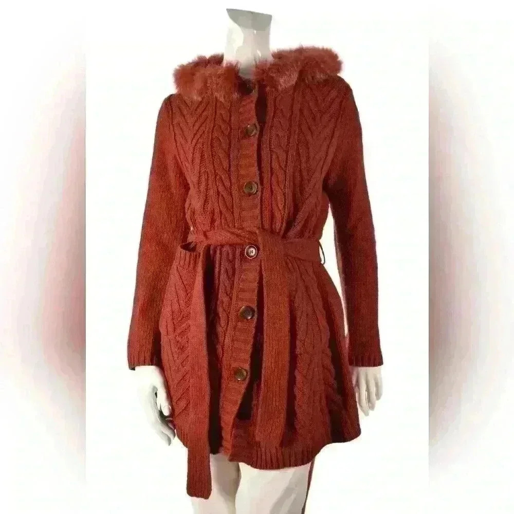 THEORY Orange Wool Cableknit 3/4 Length Fir Trim Belted Cardigan Sweater Medium